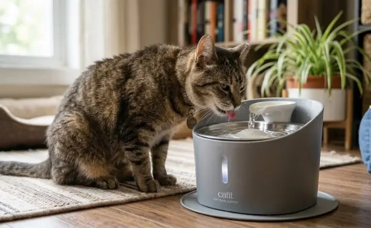 Gato bebiendo agua fresca y filtrada directamente de una fuente automática de acero inoxidable