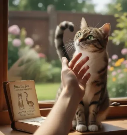 Gato con la cola en forma de interrogación saludando a su dueño