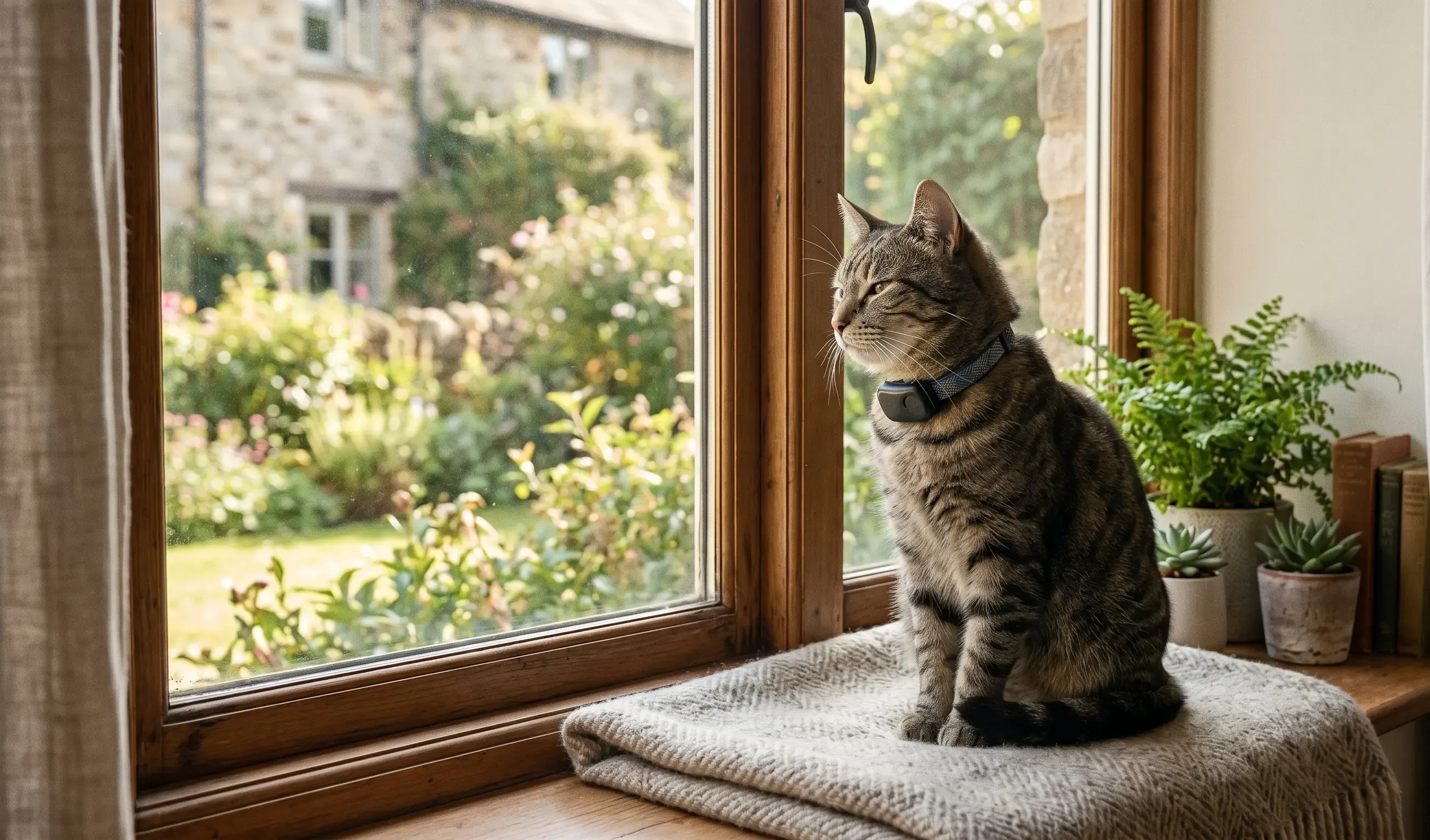 Gato atigrado en interior junto a una ventana, usando un collar GPS, representando gato de interior que sale ocasionalmente
