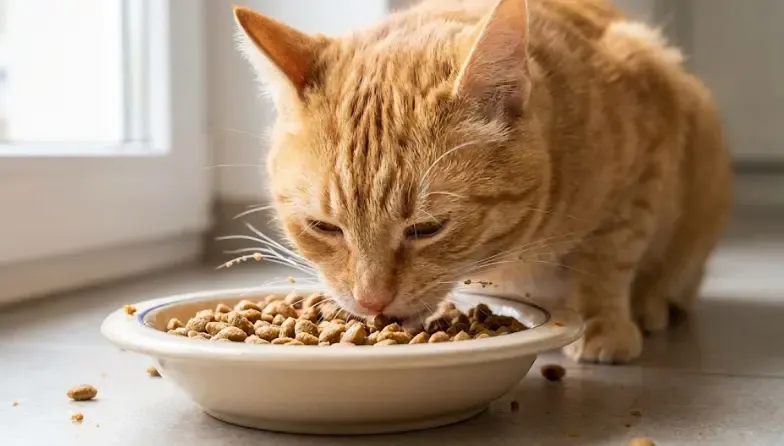 Gato comiendo pienso con apetito de un comedero limpio