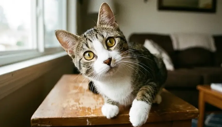 Gato mirando con curiosidad a la cámara con expresión atenta