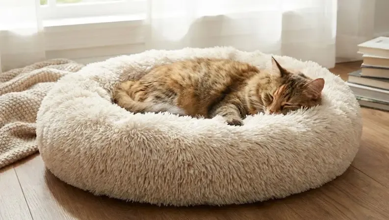 Gato enroscado en una cama de pelo suave color gris
