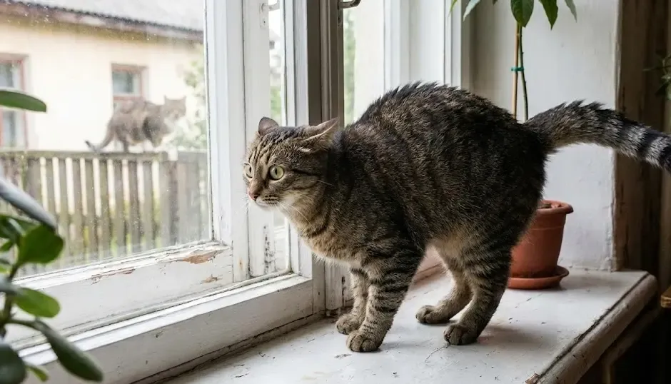Gato mirando por la ventana tenso, posible causa de estrés territorial