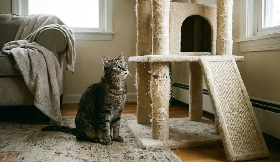 Gato mayor mirando tristemente un rascador alto al que ya no puede subir