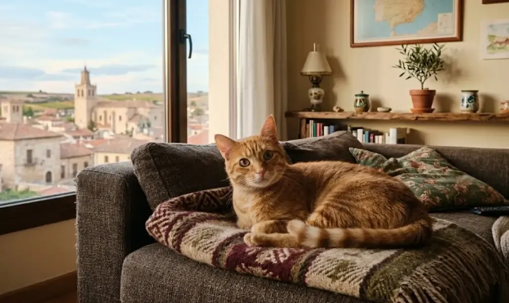 Gato naranja atigrado mirando fijamente a la cámara con curiosidad