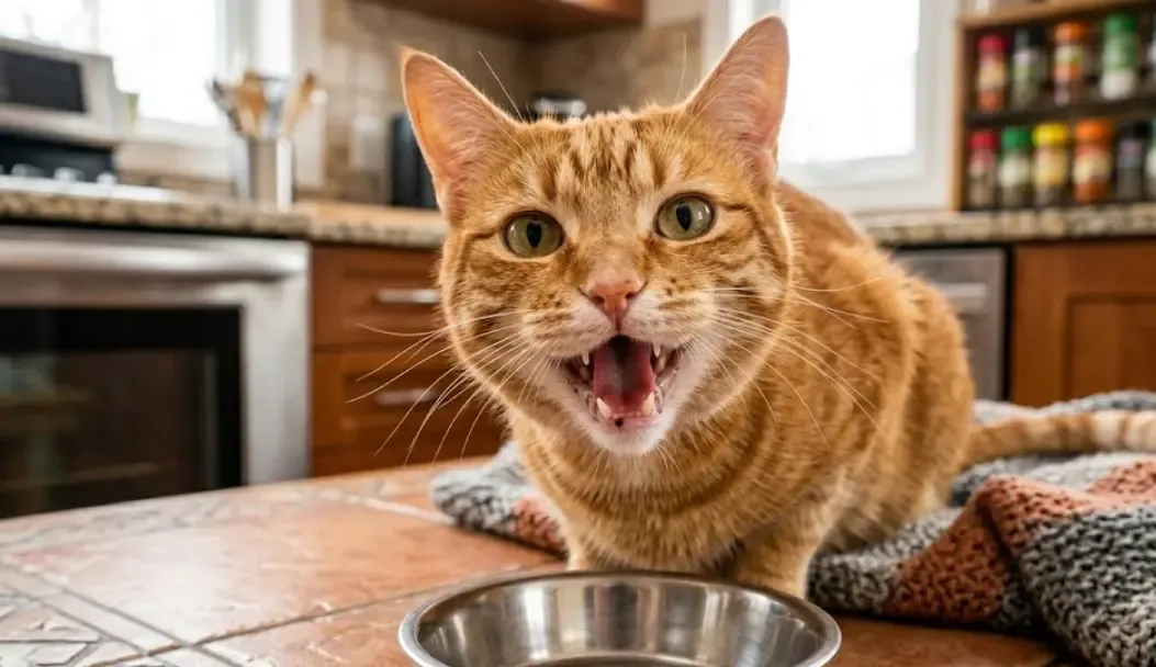 Gato naranja maullando fuertemente pidiendo atención o comida en la cocina