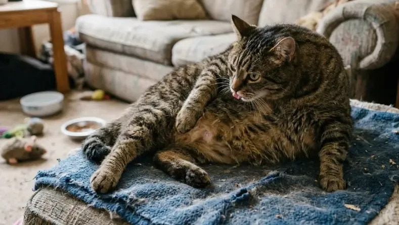 Gato atigrado con sobrepeso severo tumbado boca arriba, incapaz de acicalarse la zona del vientre