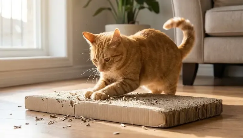Gato rascando felizmente un rascador de cartón horizontal en el suelo