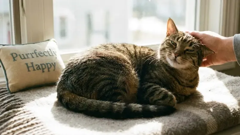 Gato doméstico ronroneando de cerca mientras cierra los ojos