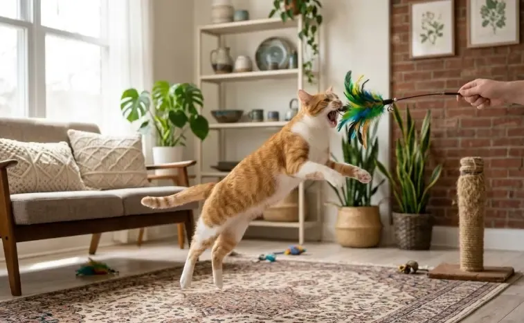 Un gato atigrado dando un salto acrobático en el aire intentando atrapar unas plumas de una caña