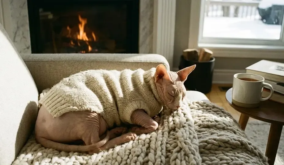 Gato Sphynx llevando un jersey de algodón cómodo en invierno descansando en el sofá