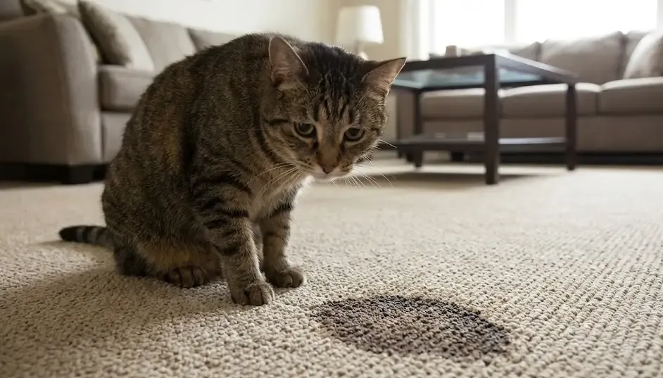 Gato con expresión triste sentado al lado de una mancha en la alfombra