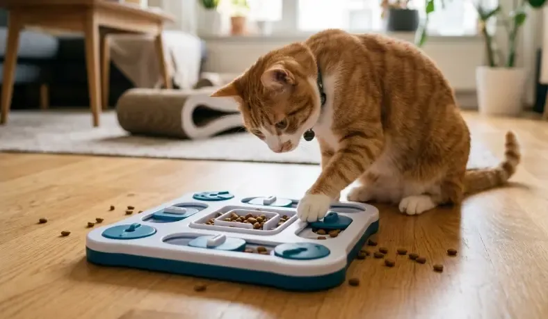 Gato atigrado usando un comedero interactivo plano con pequeños orificios donde saca el pienso con la pata