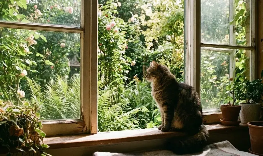 Gato doméstico mirando a través de una ventana hacia un jardín verde