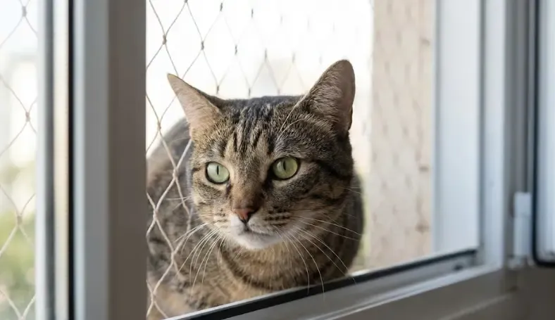 Gato mirando tranquilamente la calle a través de una red de seguridad