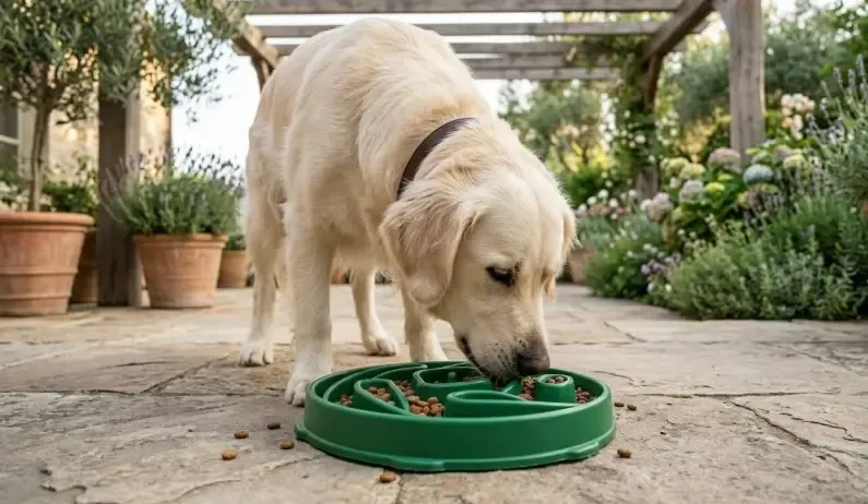 Perro Golden Retriever comiendo concentrado de un comedero lento de laberinto verde