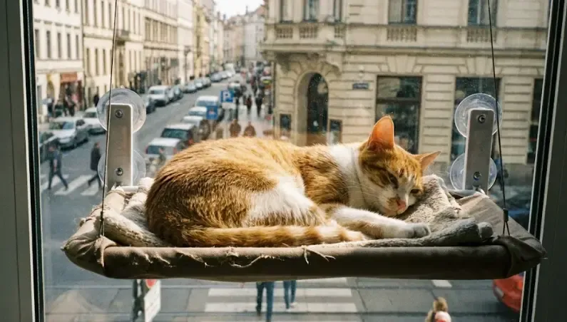 Gato descansando en una hamaca con ventosas pegada a la ventana mirando la calle