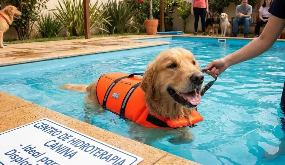 Perro nadando en una piscina con chaleco salvavidas, terapia ideal para displasia