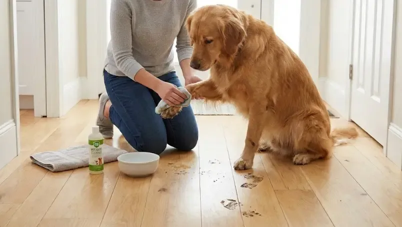 Dueño limpiando las patas de su perro al entrar en casa