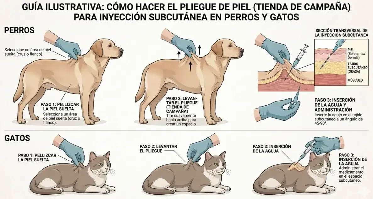 Ilustración mostrando cómo hacer el pliegue de piel (tienda de campaña) para la inyección subcutánea