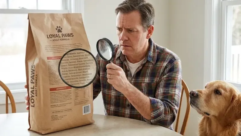 Dueño leyendo con lupa la etiqueta trasera de un saco de pienso