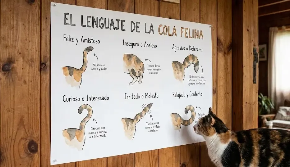 Infografía explicativa sobre las posiciones de la cola del gato y su significado