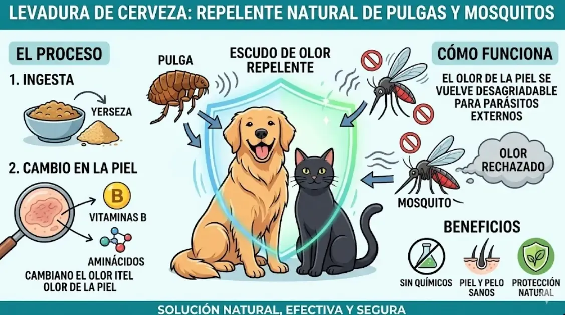 Ilustración que muestra cómo el olor de la levadura de cerveza repele a pulgas y mosquitos