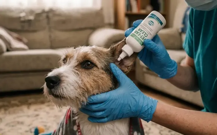 Un Golden Retriever tranquilo mientras su dueño le aplica un limpiador líquido en el oído con cuidado