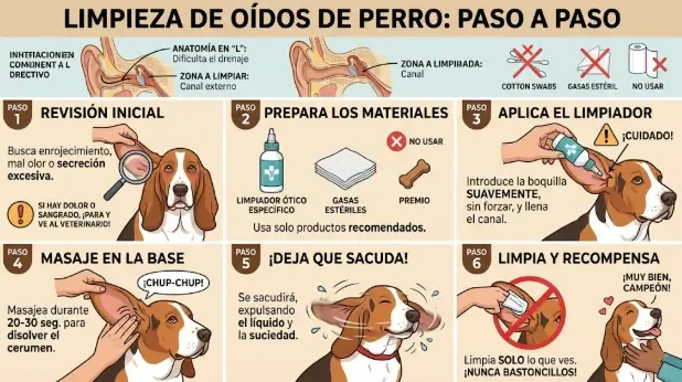Proceso de limpieza de oídos en un perro con gasa y limpiador veterinario