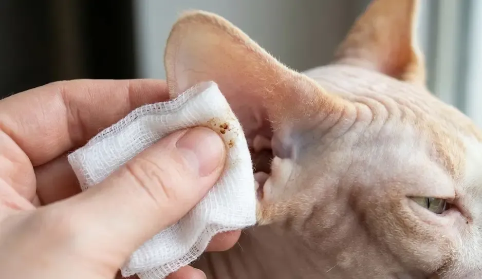 Detalle de la limpieza de la oreja de un gato esfinge con una gasa