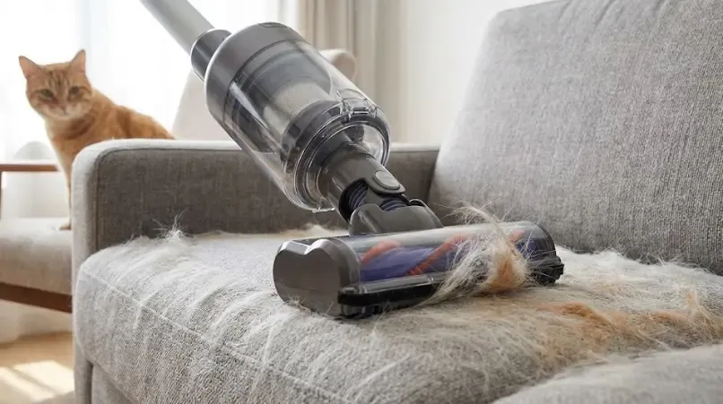 Primer plano de una aspiradora escoba limpiando un sofá lleno de pelo de gato