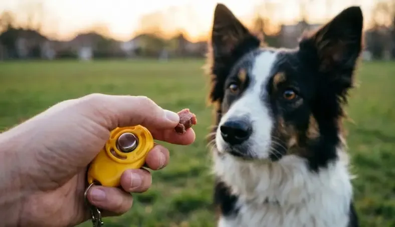 Mano sosteniendo un clicker amarillo y un premio frente a un perro atento