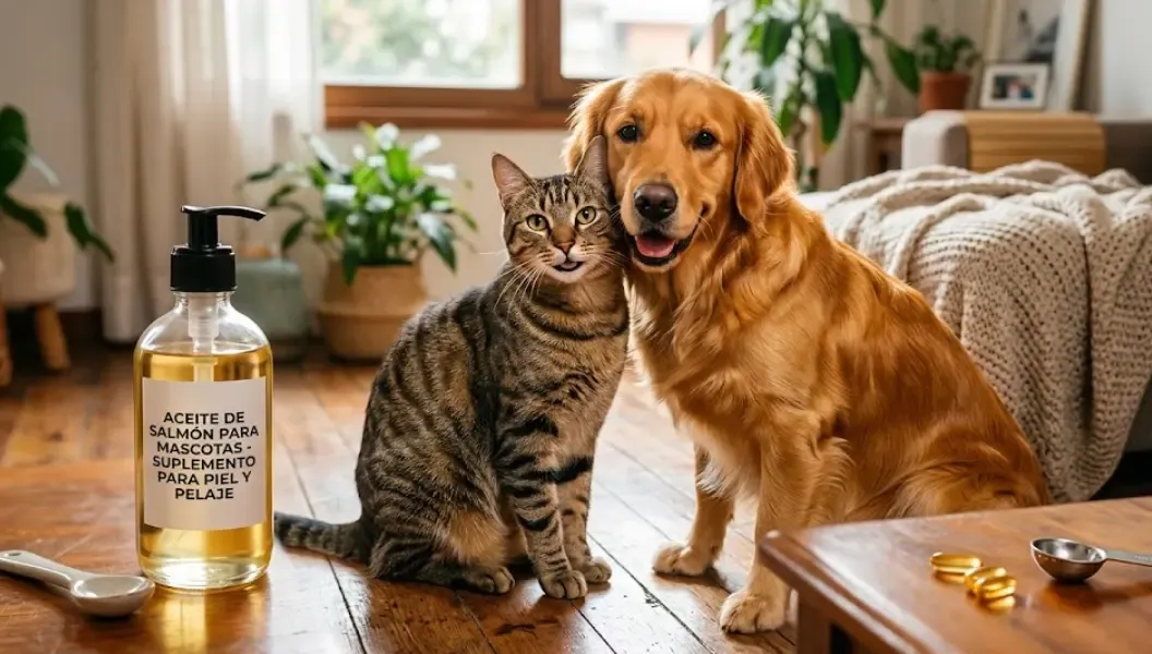 Gato y perro sanos con pelaje brillante gracias al aceite de salmón