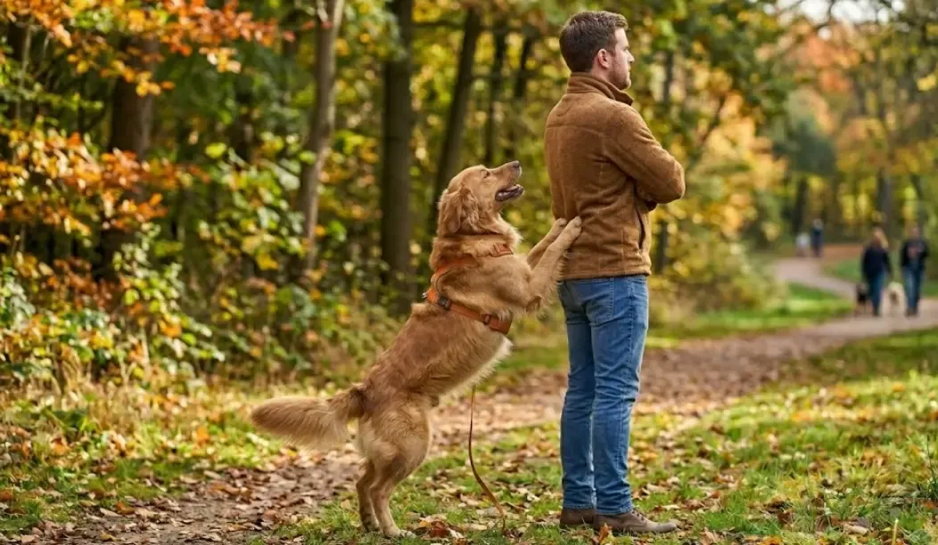 Persona aplicando el método del árbol: brazos cruzados, dando la espalda al perro que intenta llamar la atención