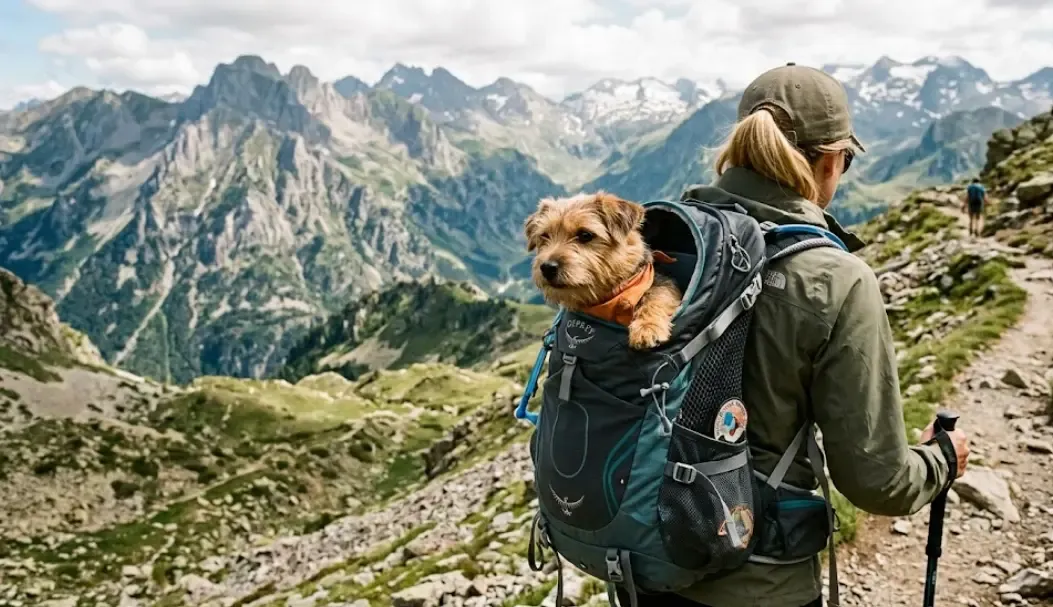Perro pequeño asomado en mochila de senderismo con ventilación de malla en la montaña