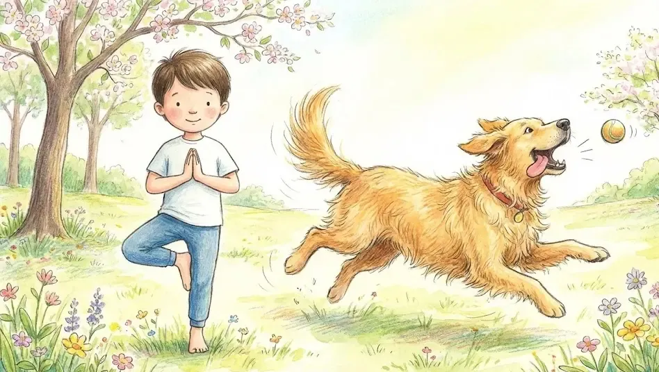 Ilustración de un niño haciendo la postura del árbol frente a un perro excitado