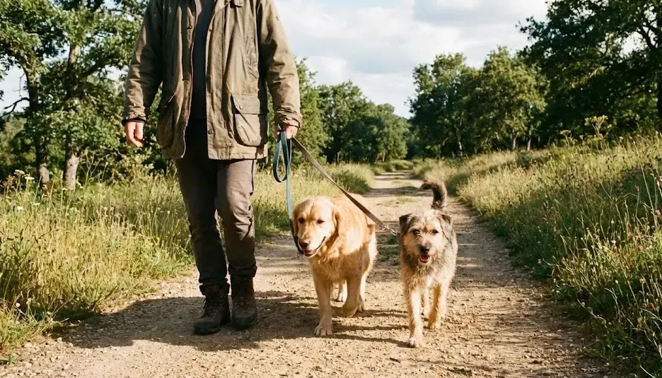 Dueño paseando a dos perros en paralelo por un camino de tierra neutral
