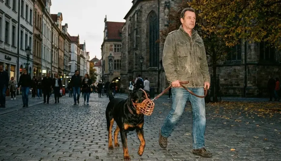 Hombre paseando a un Rottweiler con bozal de cesta y correa corta