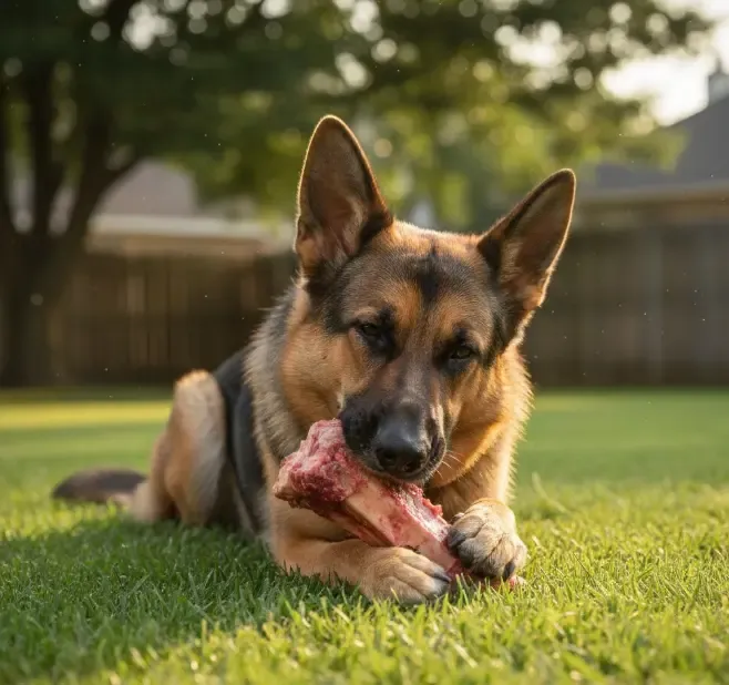Un perro pastor alemán tumbado en el césped masticando felizmente un hueso crudo grande
