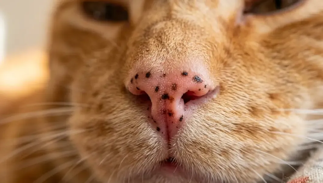 Detalle de la nariz de un gato naranja mostrando las características pecas negras del lentigo