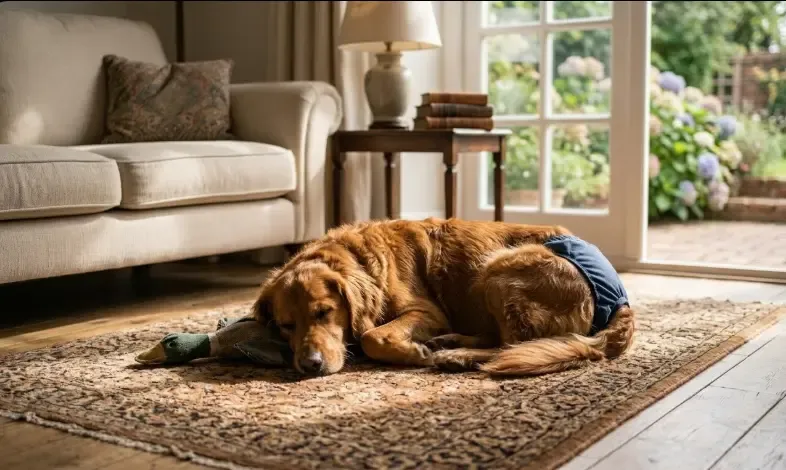 Dueño acariciando cariñosamente a una perra mestiza que lleva puestas unas bragas protectoras higiénicas para el celo