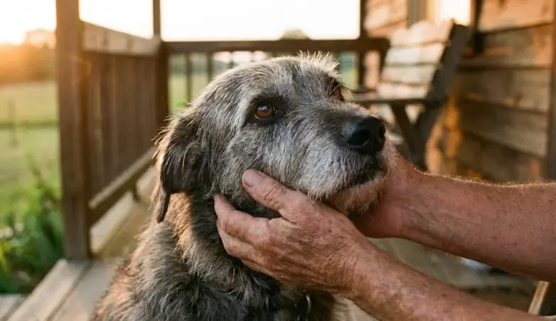 Perro adulto mestizo mirando con gratitud a su dueño