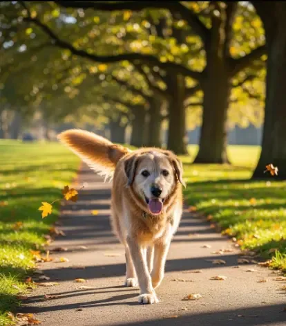Un perro anciano mestizo caminando feliz por el parque sin cojear tras un tratamiento natural