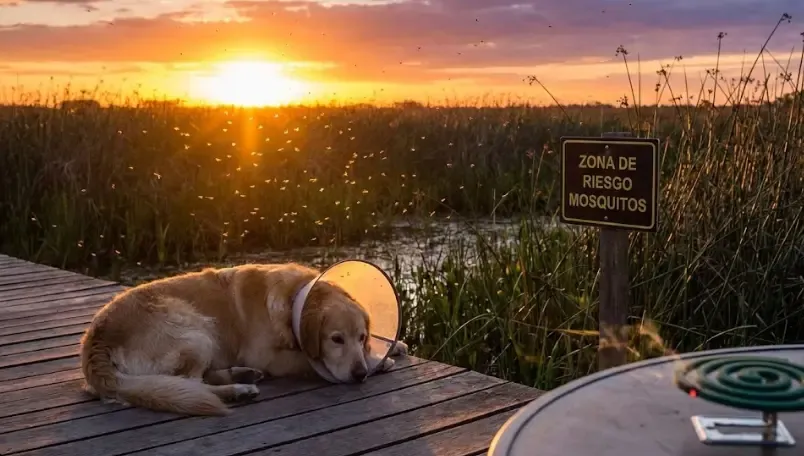 Perro descansando al atardecer en una zona de riesgo de mosquitos