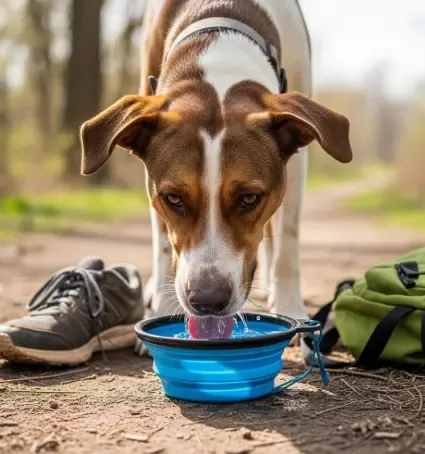 Perro descansando exhausto pero feliz tras una sesión de deporte canino, bebiendo agua