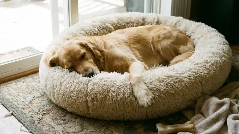 Perro pequeño descansando feliz en una cama anti-ansiedad tipo donut