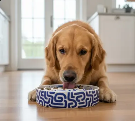 Perro comiendo de un comedero lento tipo laberinto