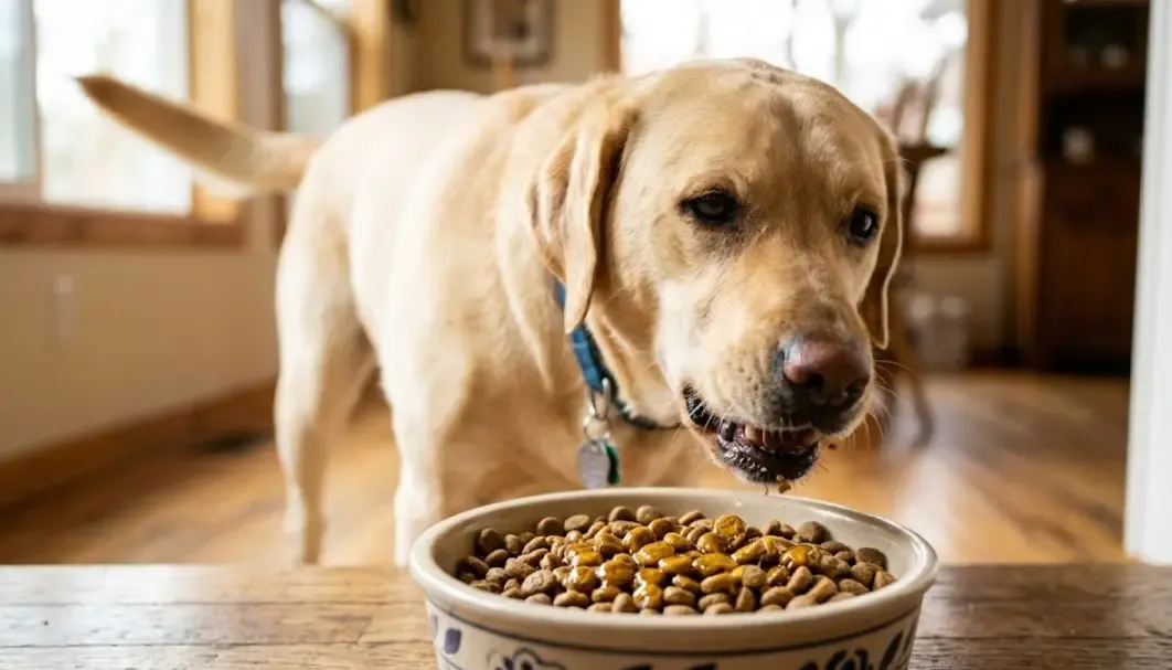 Perro feliz comiendo su pienso con aceite de salmón