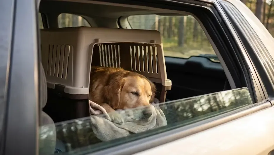 Perro durmiendo tranquilo en su transportín dentro del coche