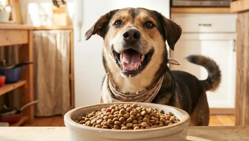 Perro feliz esperando su comida frente a un bol lleno de pienso de calidad